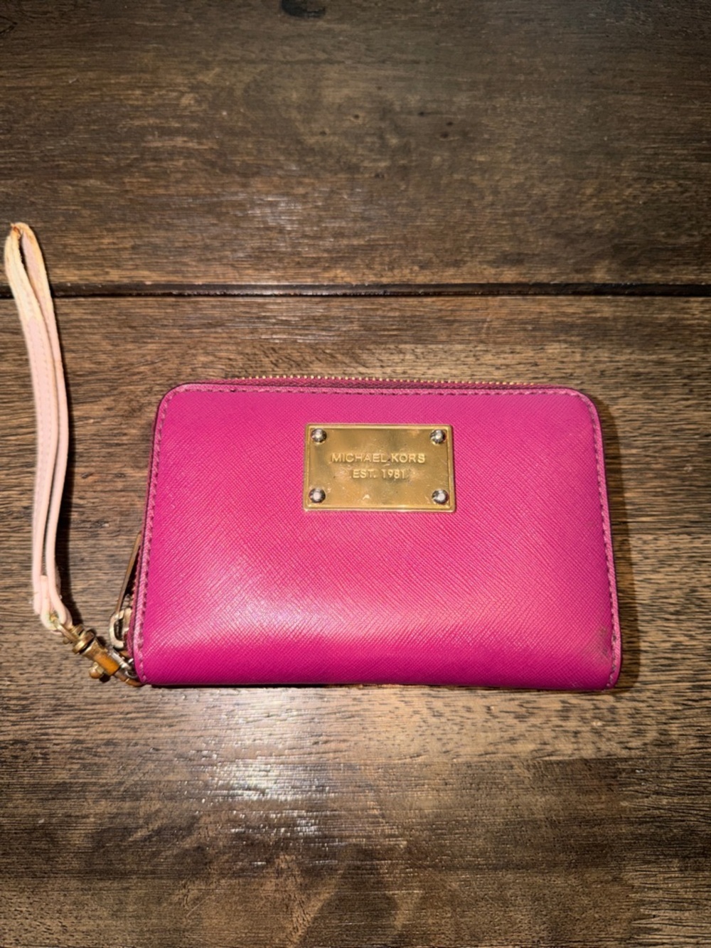 Michael Kors Hot Pink Saffiano Leather Wristlet Wallet with Gold Plaque